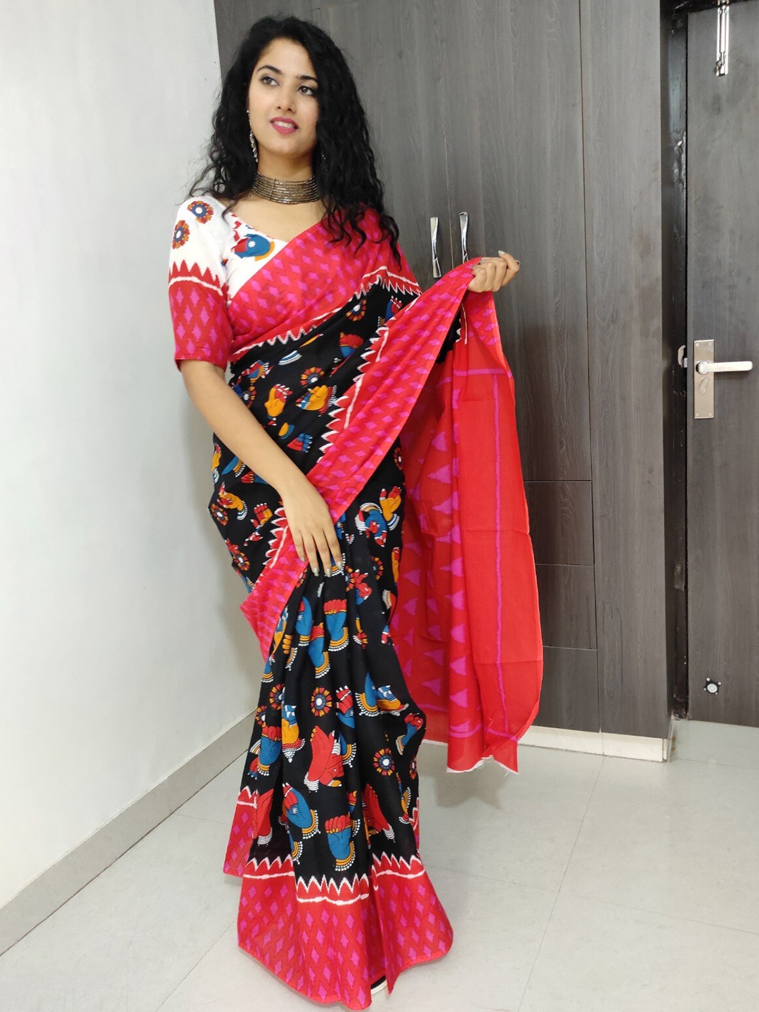 

JALTHER Ethnic Motifs Pure Cotton Block Print Saree, Black