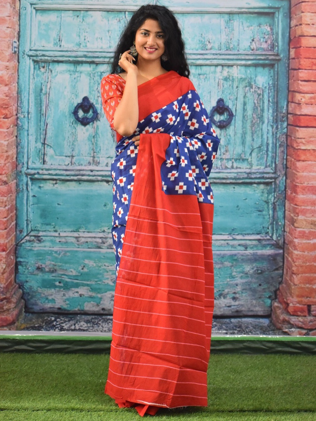 

JALTHER Pure Cotton Block Print Saree, Blue