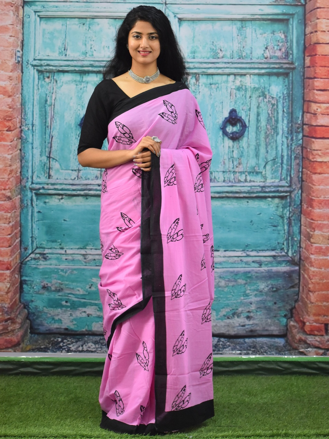 

JALTHER Ethnic Motifs Pure Cotton Block Print Saree, Pink