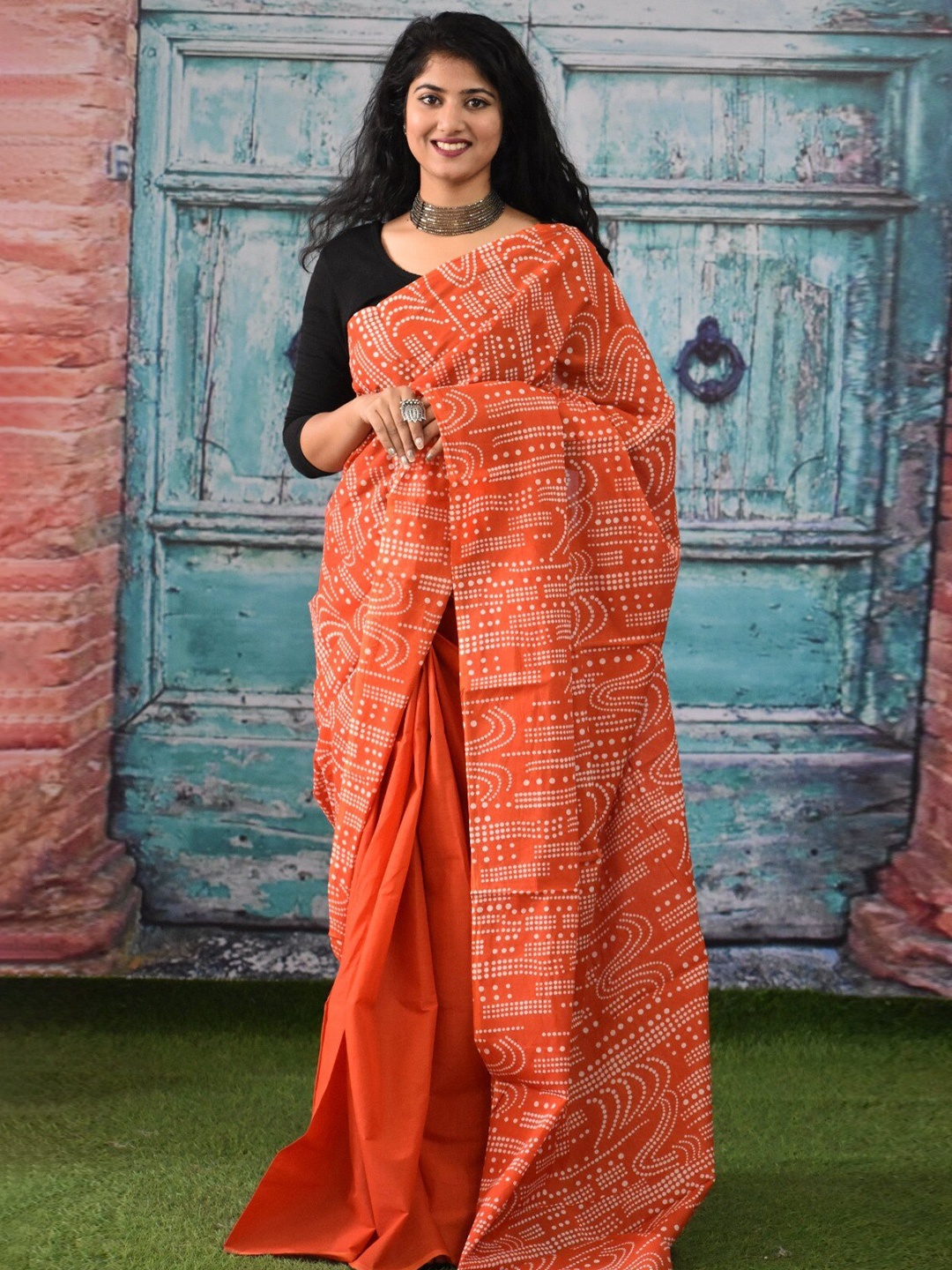 

JALTHER Abstract Printed Pure Cotton Block Print Saree, Orange