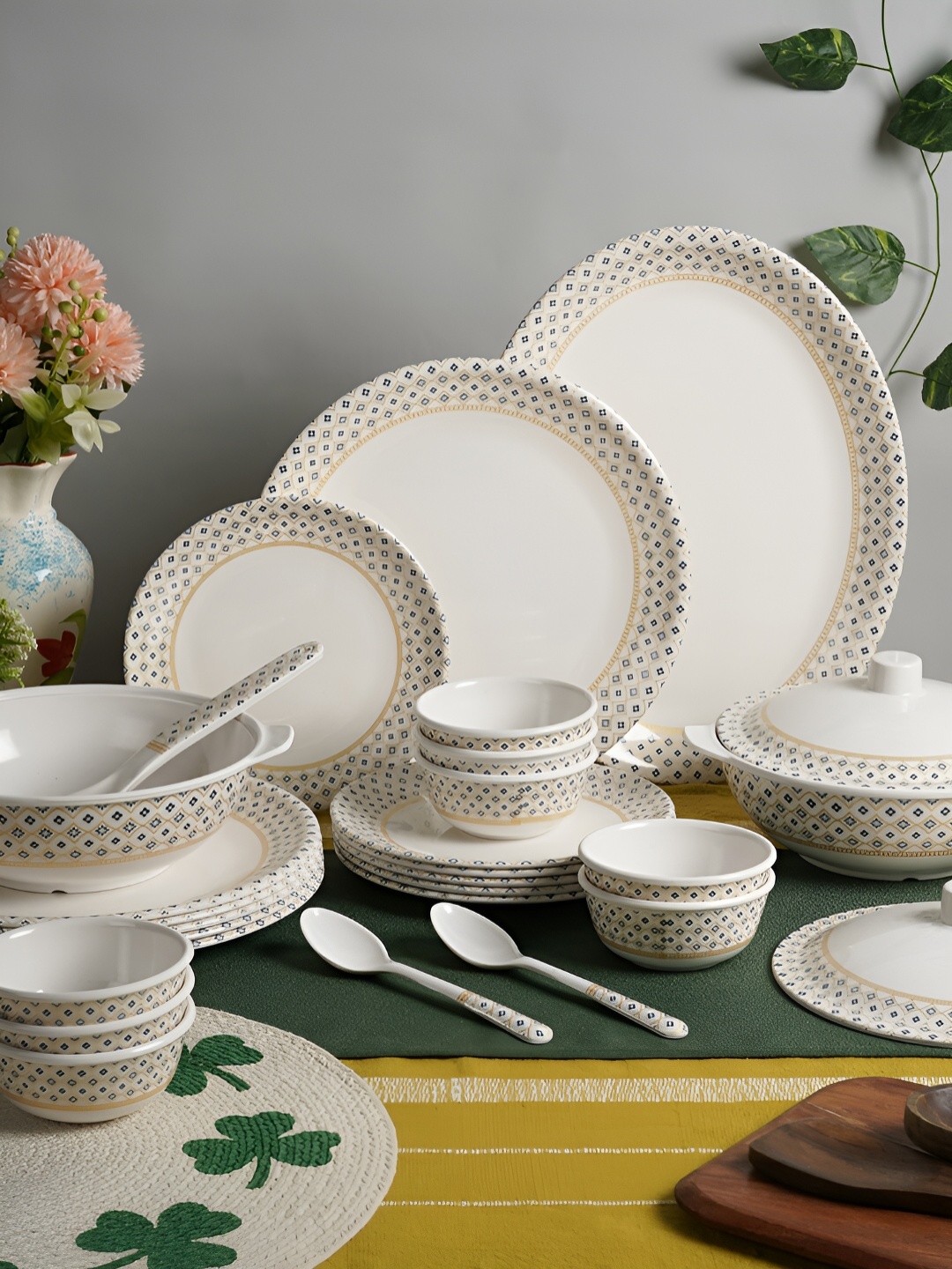 

Aura White 40Pcs Printed Melamine Glossy Dinner Set