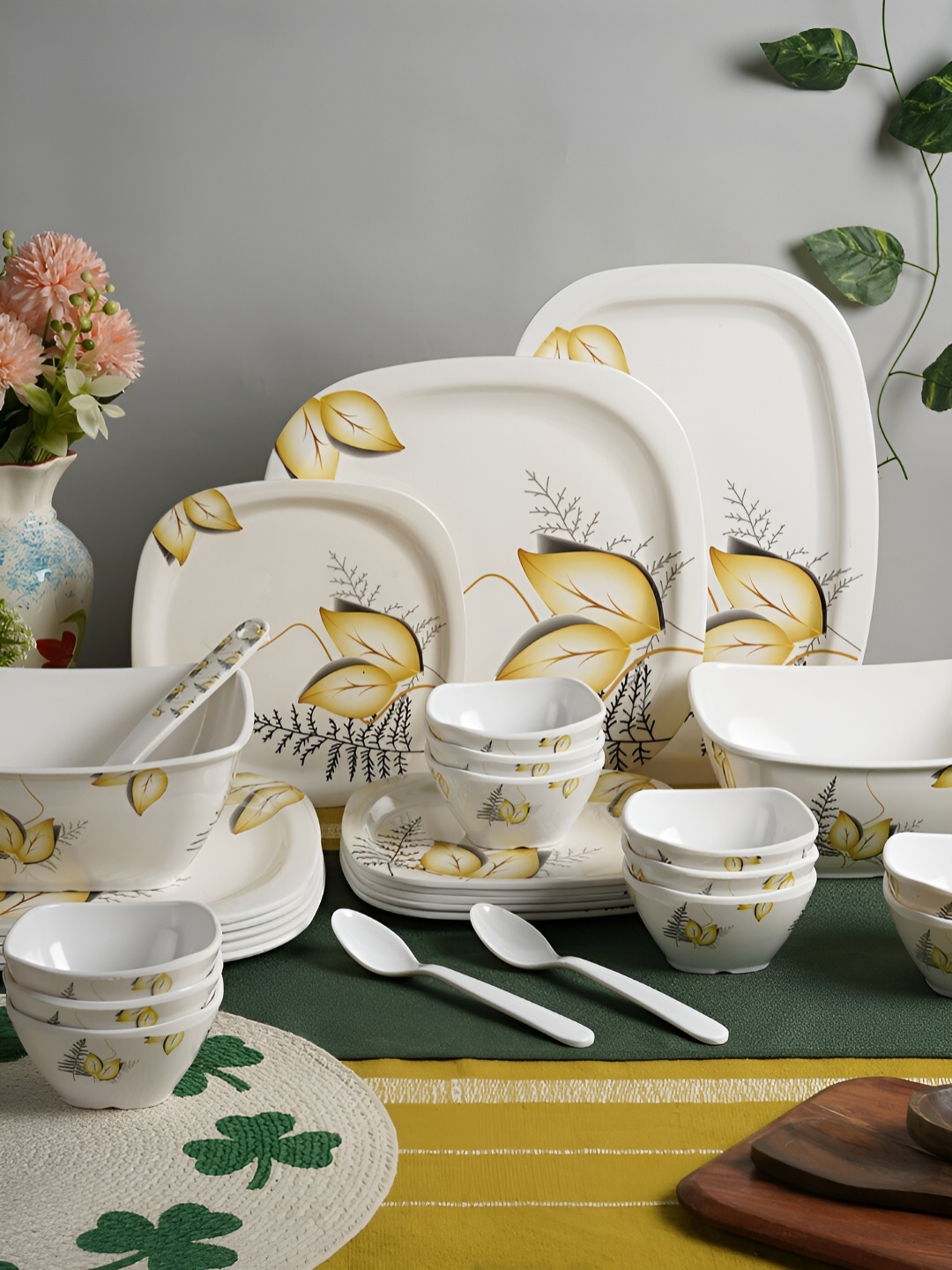 

Aura White & Yellow 37Pcs Printed Melamine Glossy Dinner Set