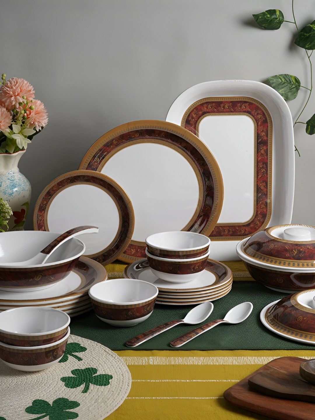 

Aura White & Brown 47Pcs Printed Melamine Glossy Dinner Set