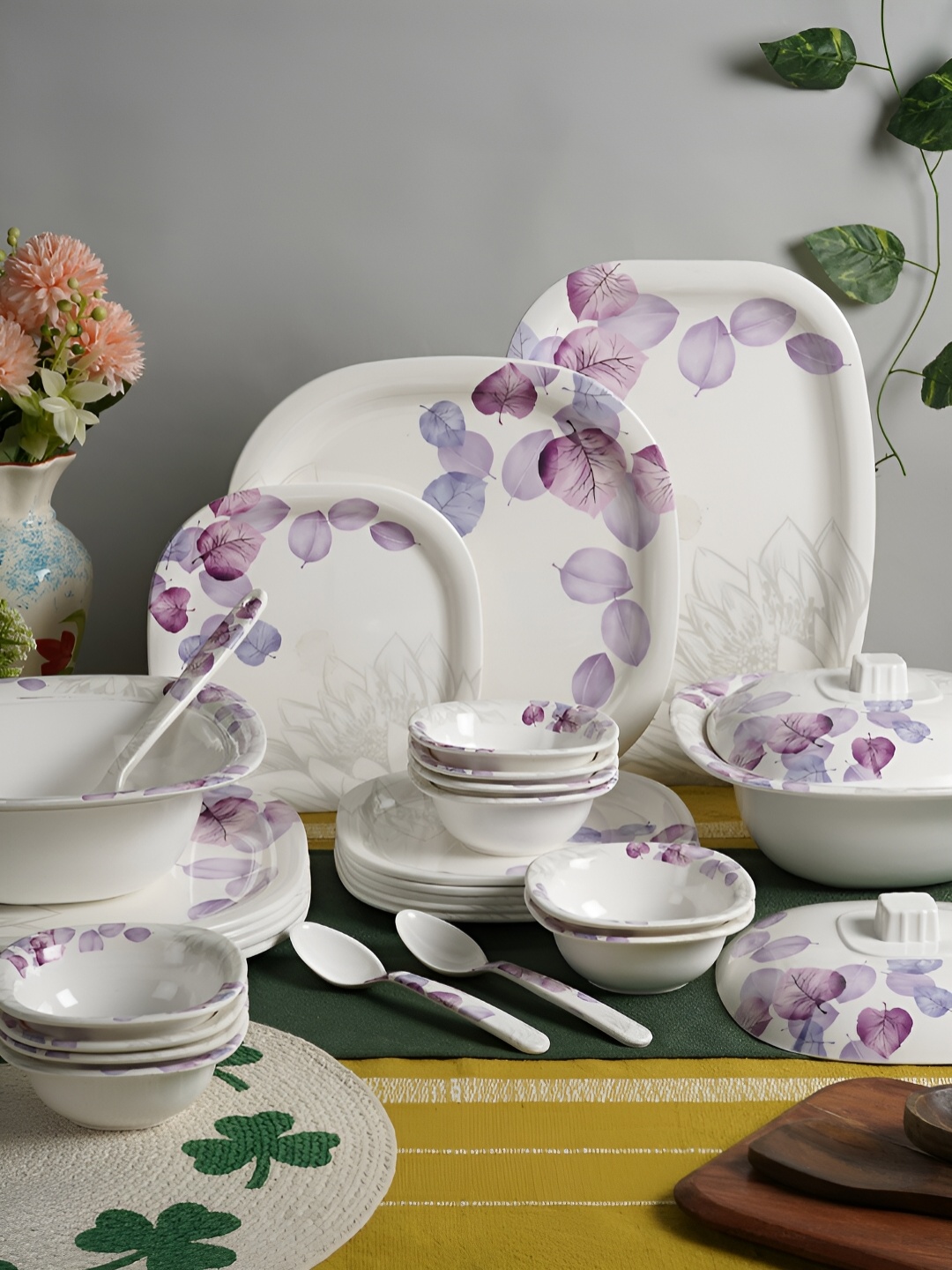 

Aura White & Purple 39Pcs Floral Printed Melamine Glossy Dinner Set
