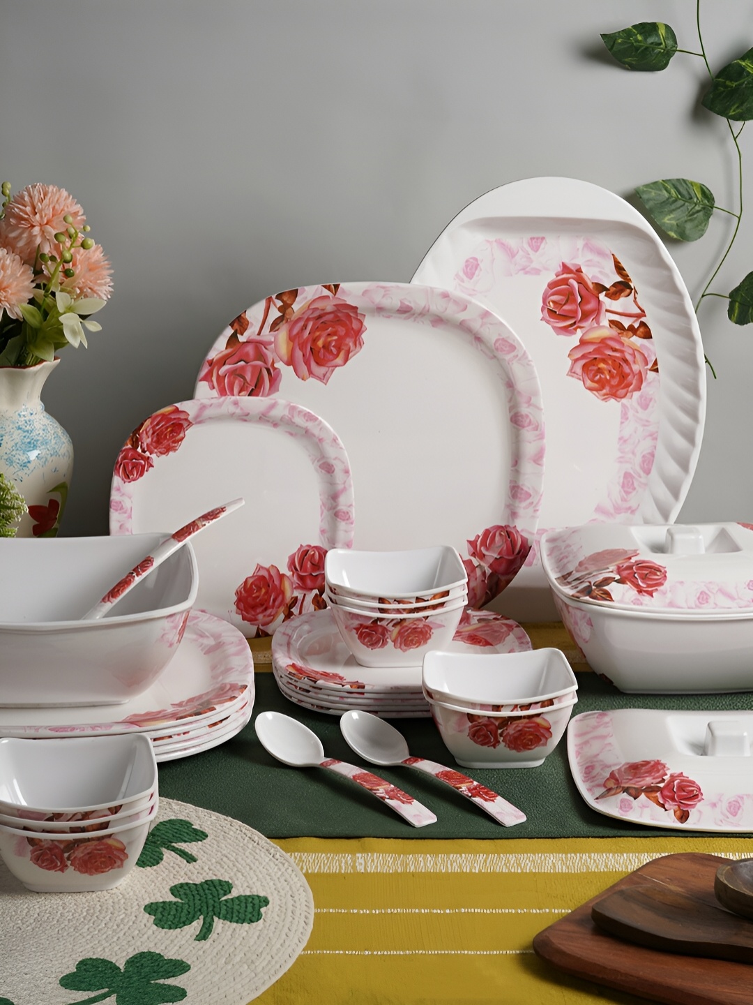 

Aura White & Red 40Pcs Floral Printed Melamine Glossy Dinner Set