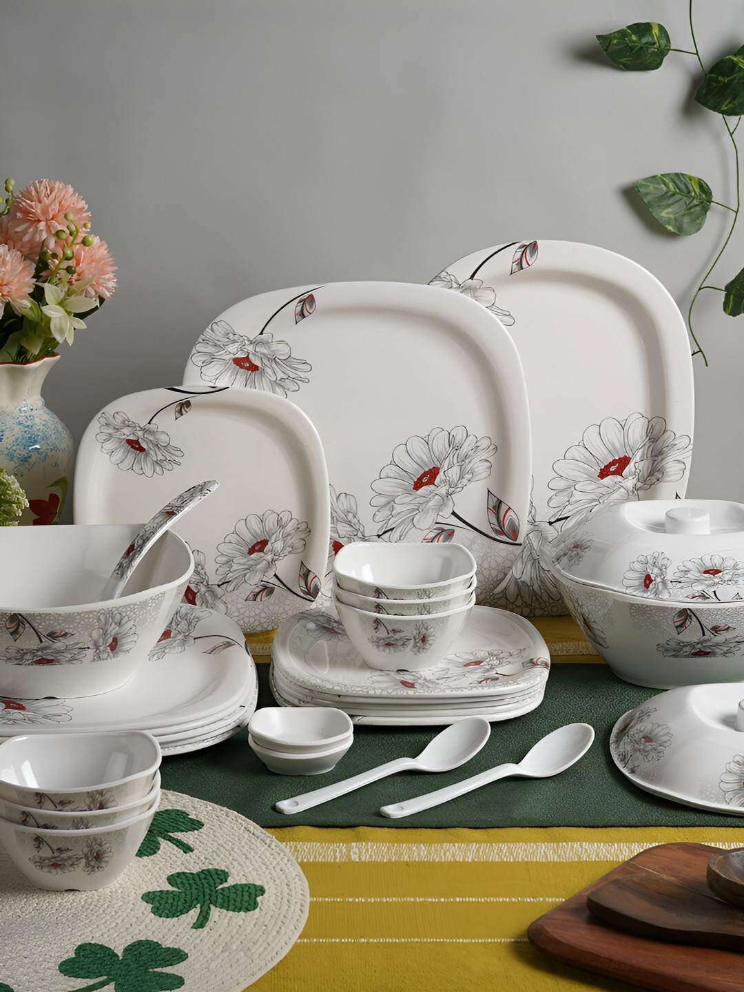 

Aura White & Grey 47Pcs Printed Melamine Glossy Dinner Set