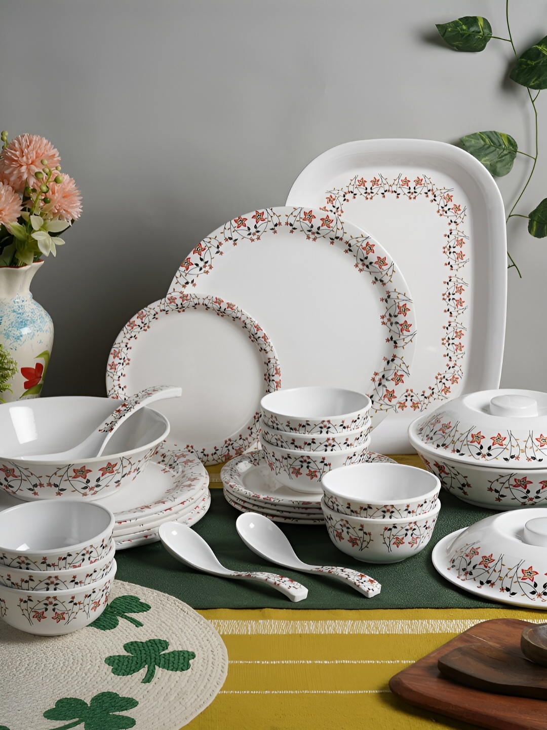 

Aura White & Red 41 Pieces Printed Melamine Glossy Dinner Set