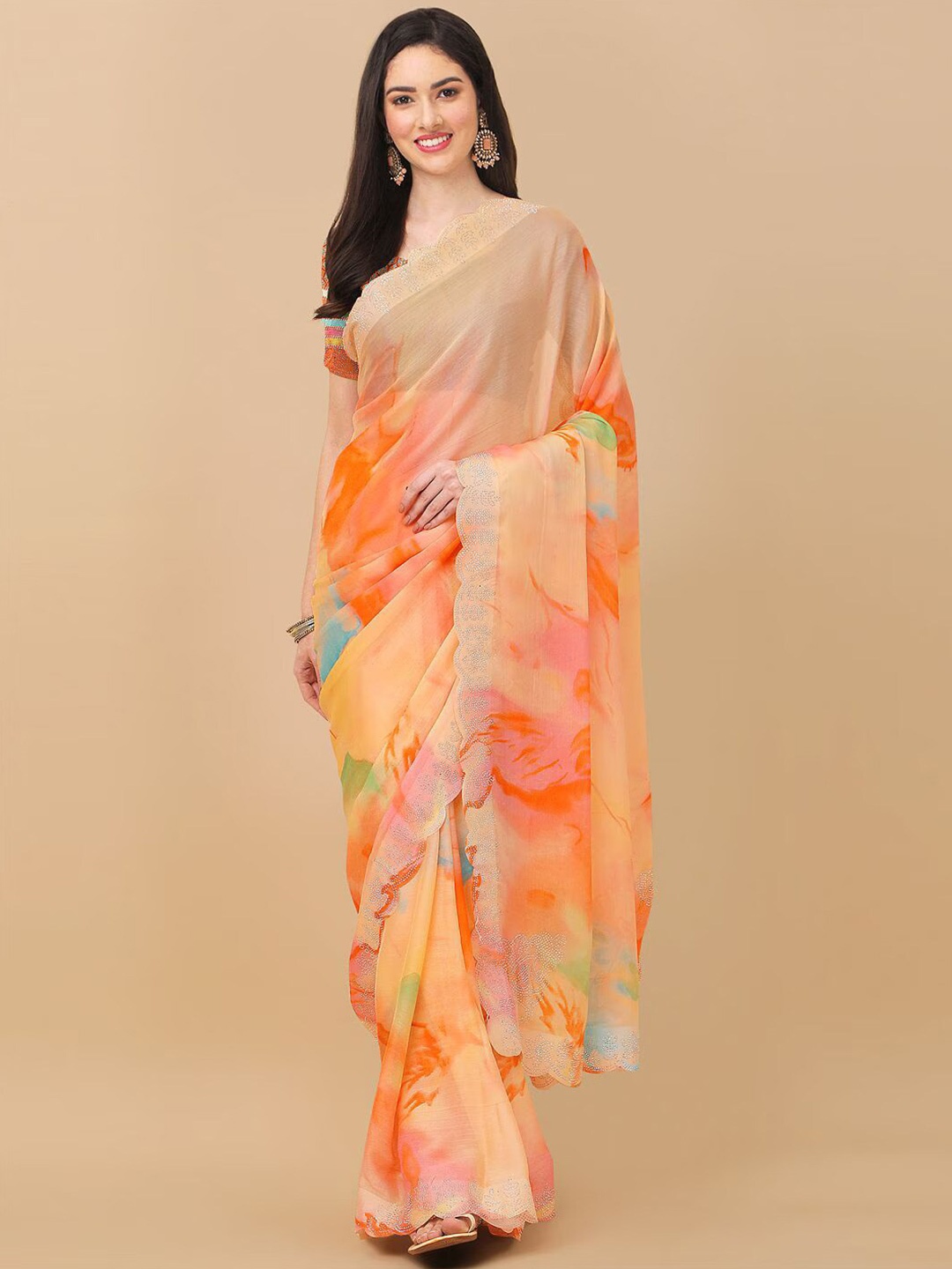 

MAGMINA Beads and Stones Abstract Printed Saree, Orange