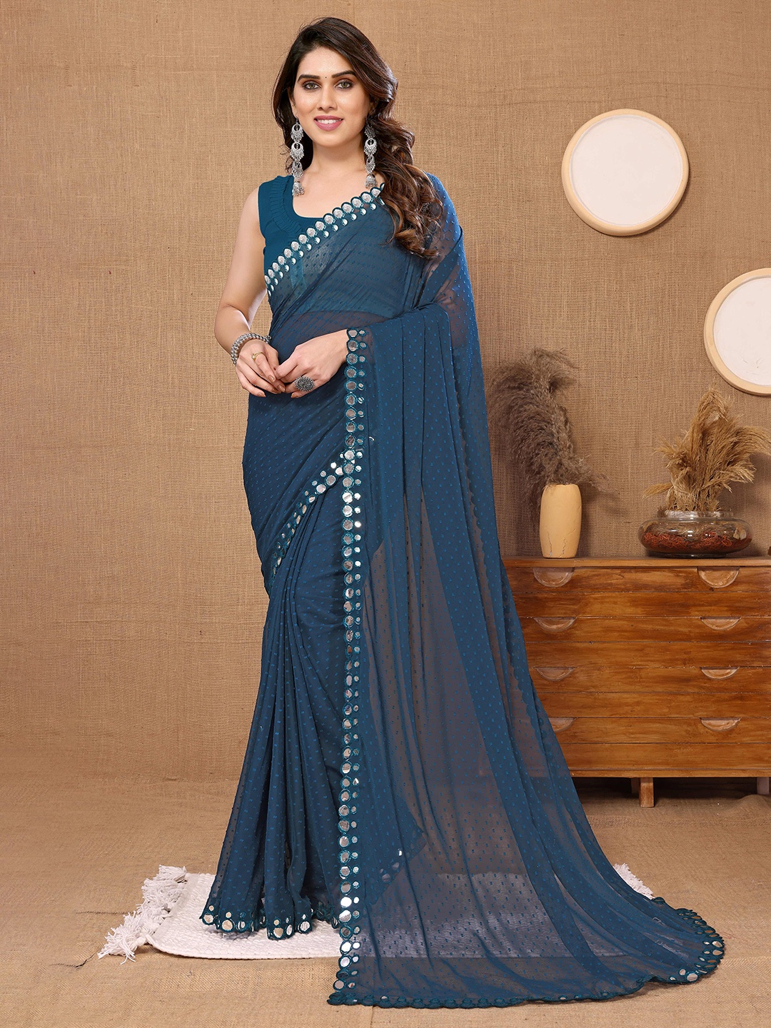 

MAGMINA Ethnic Woven Design Mirror Work Banarasi Saree, Blue