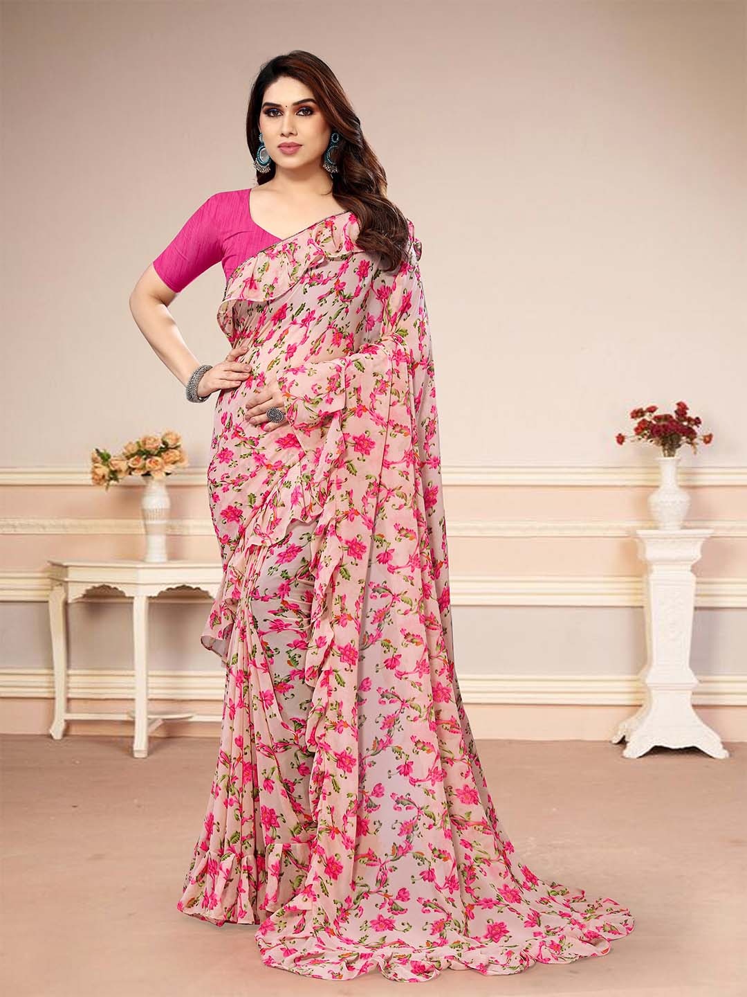 

MAGMINA Floral Printed Ruffles Saree, Peach