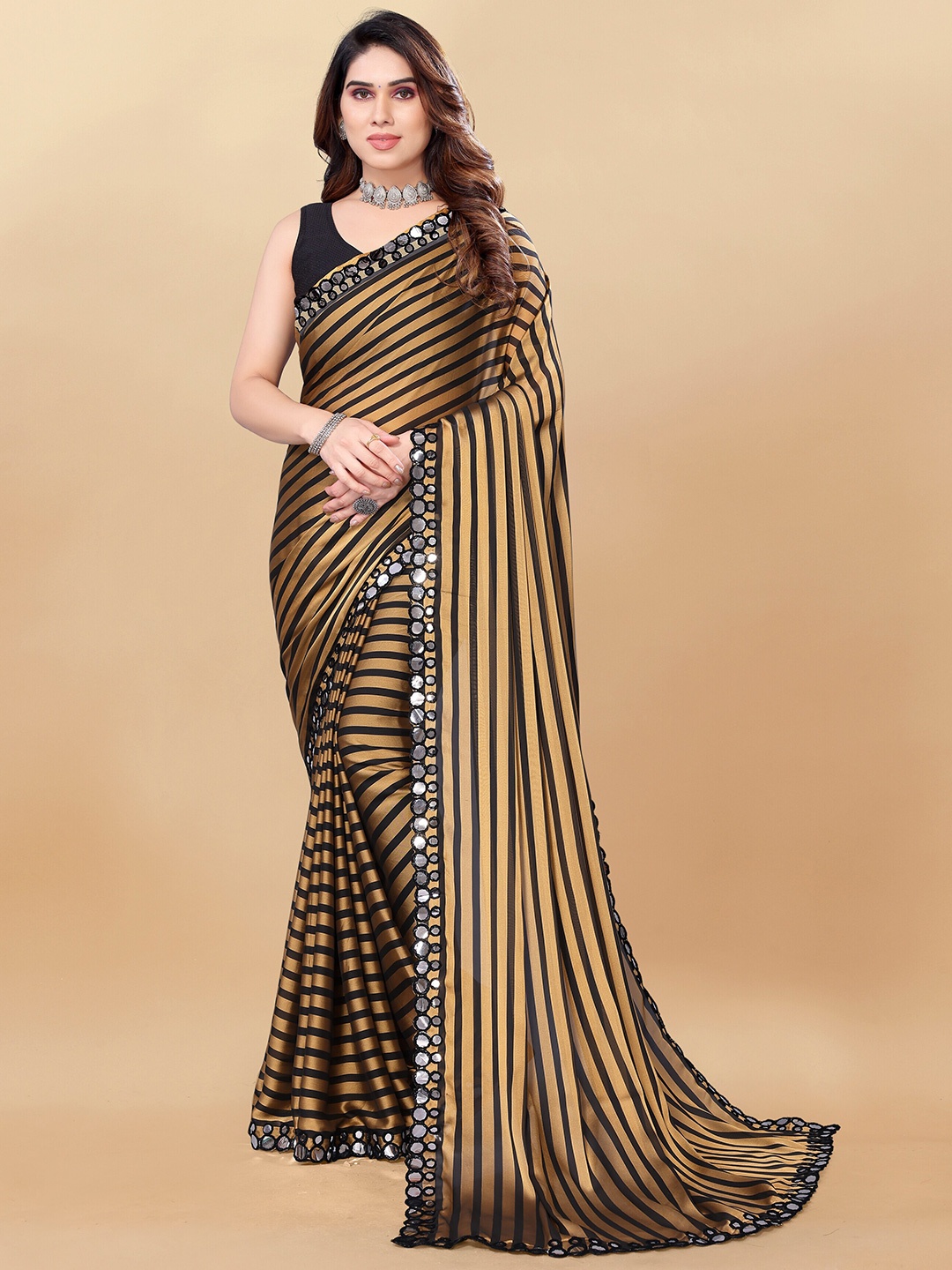 

MAGMINA Striped Embellished Mirror Work Art Silk Saree, Gold