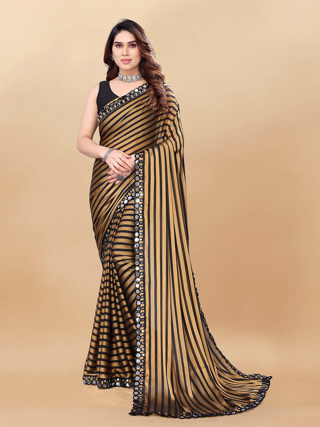 

MAGMINA Striped Embellished Mirror Work Art Silk Saree, Gold