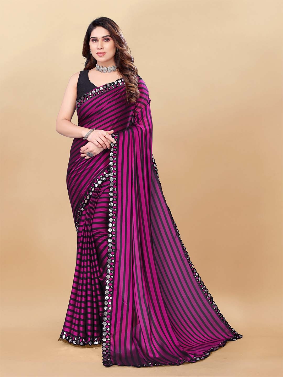 

MAGMINA Striped Embellished Mirror Work Art Silk Saree, Purple