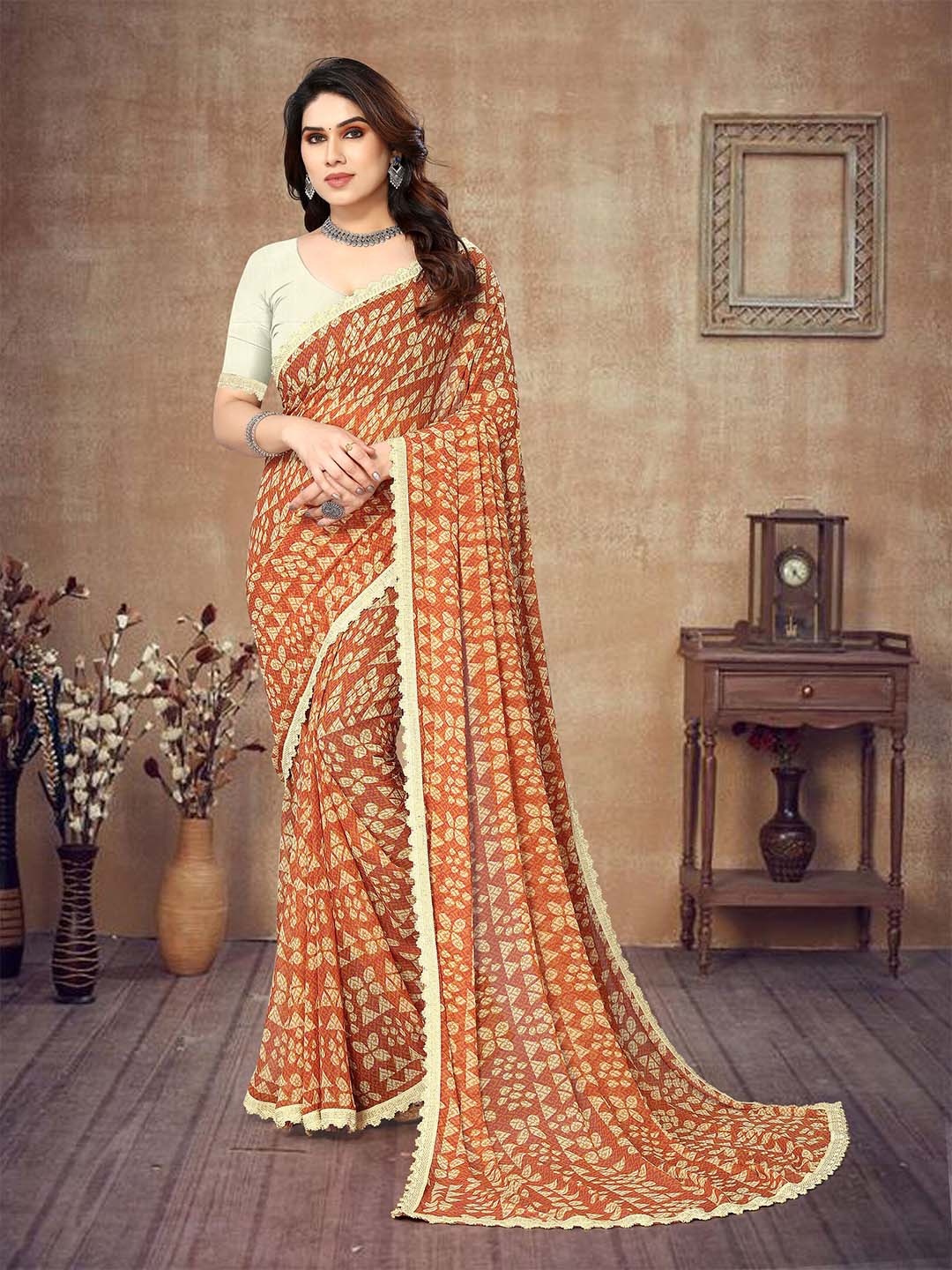 

MAGMINA Geometric Printed Embroidered Saree, Orange