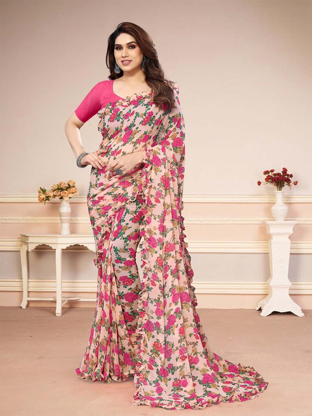 

MAGMINA Floral Printed Pure Georgette Ruffles Saree, Peach
