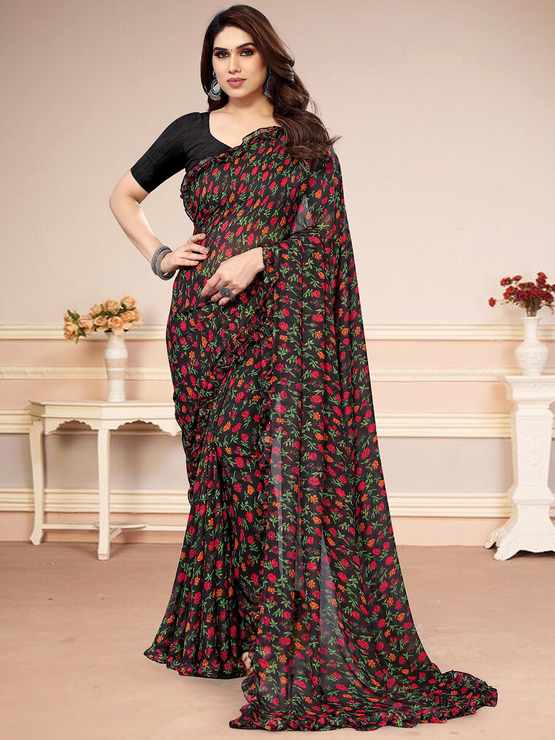 MAGMINA Floral Printed Pure Georgette Ruffles Saree, Black
