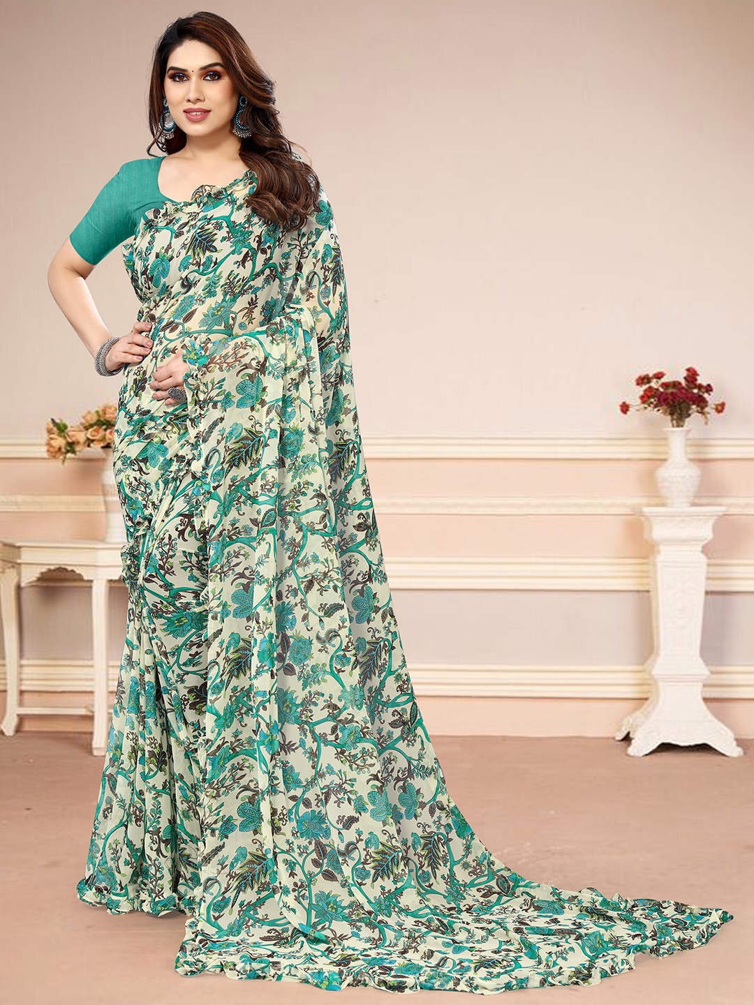 

MAGMINA Floral Printed Pure Georgette Saree, Turquoise blue