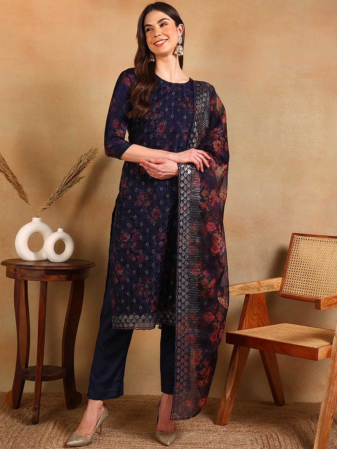 

AHIKA Ethnic Motifs Embroidered Straight Sequinned Kurta with Trousers & Dupatta, Navy blue