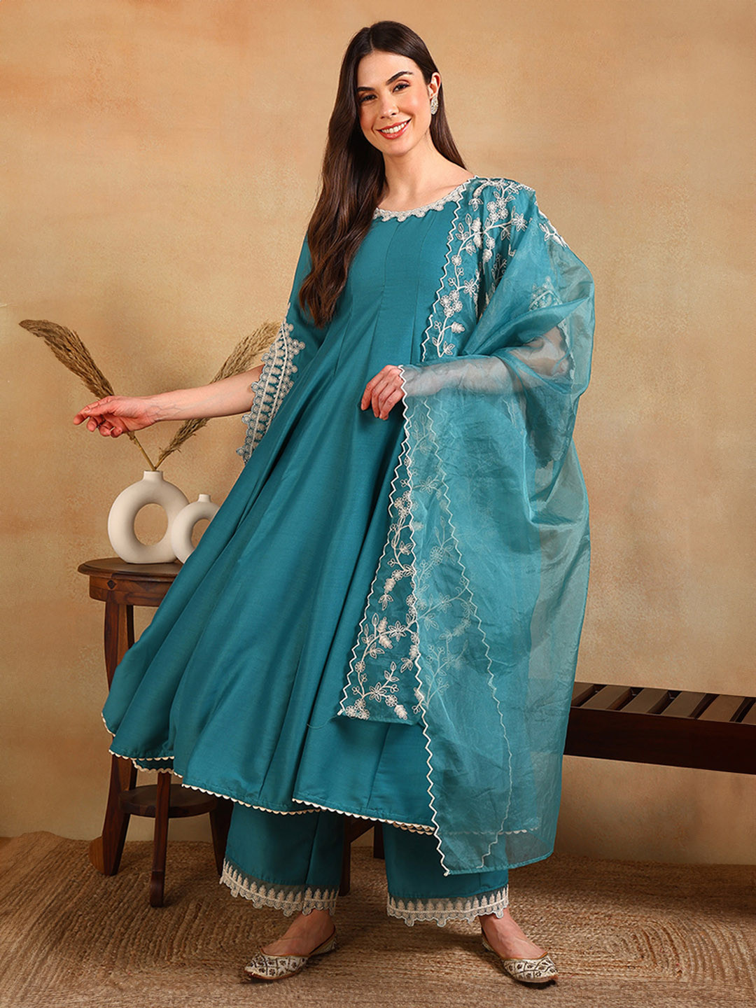 

AHIKA Panelled Thread Work Anarkali Kurta with Trousers & Dupatta, Blue