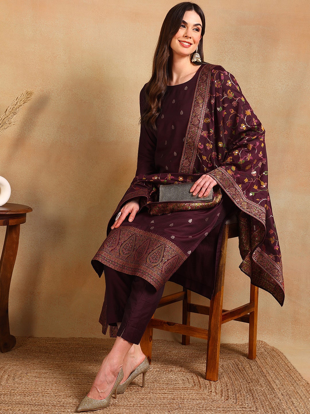 

AHIKA Woven Design Straight Kurta with Trousers & Dupatta, Burgundy