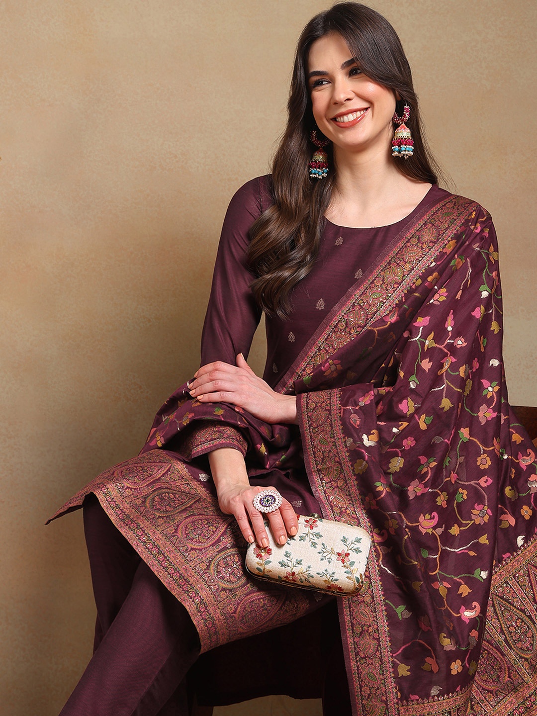 

AHIKA Woven Design Straight Kurta with Trousers & Dupatta, Burgundy