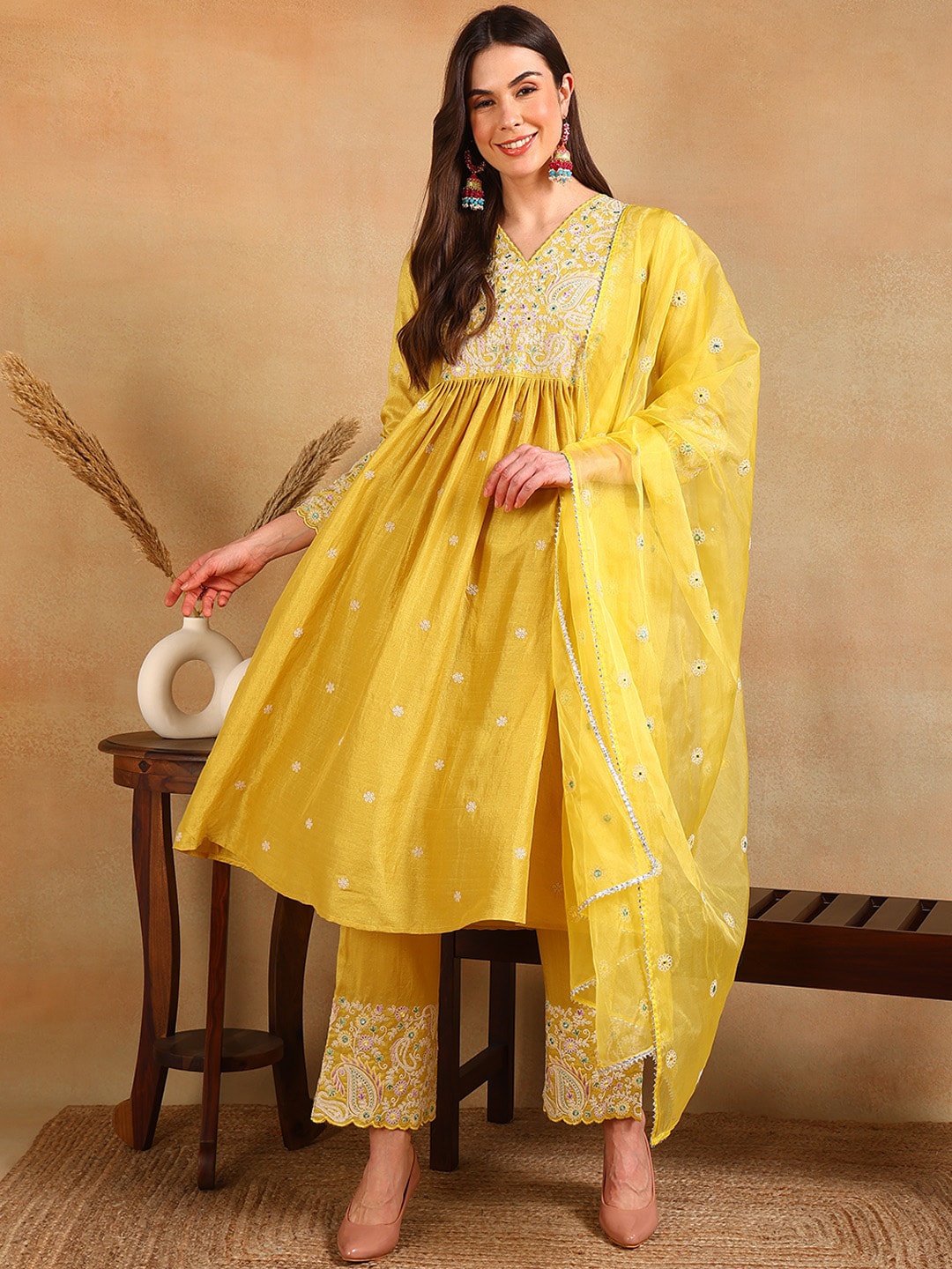 

AHIKA Floral Embroidered Empire Thread Work Anarkali Kurta With Palazzos & Dupatta, Yellow