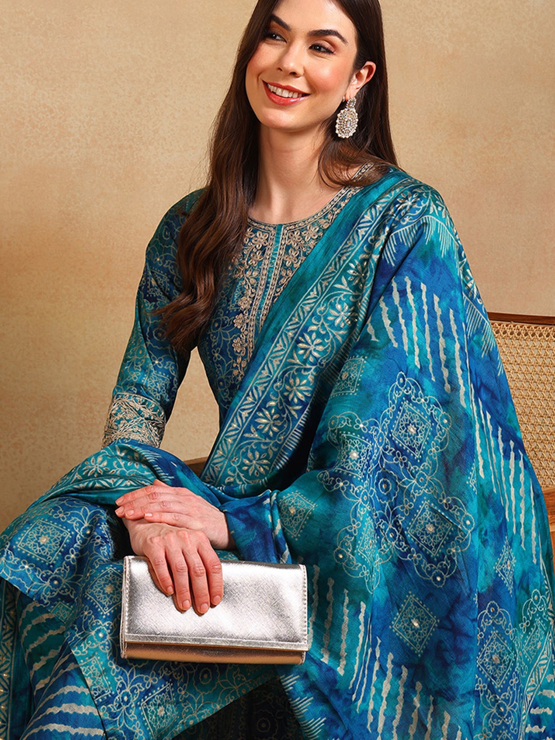 

AHIKA Teal Green Ethnic Motifs Printed Round Neck Straight Kurta With Trousers & Dupatta