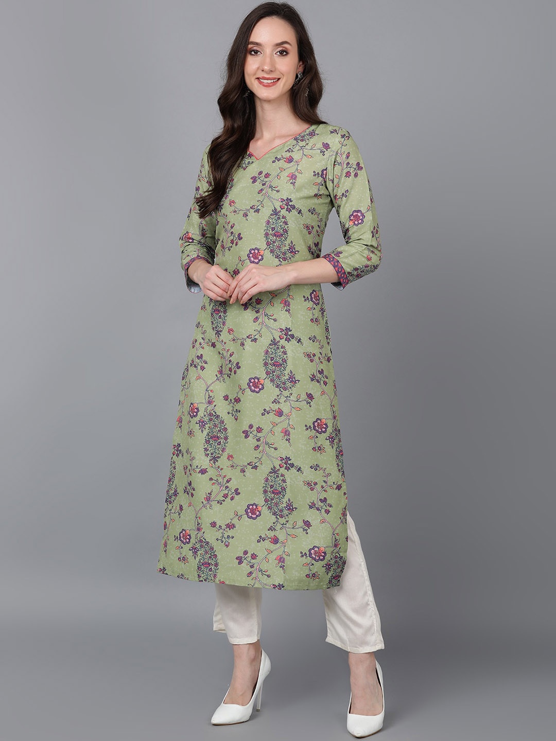 

AHIKA Floral Printed V-Neck Silk Straight Kurta, Green