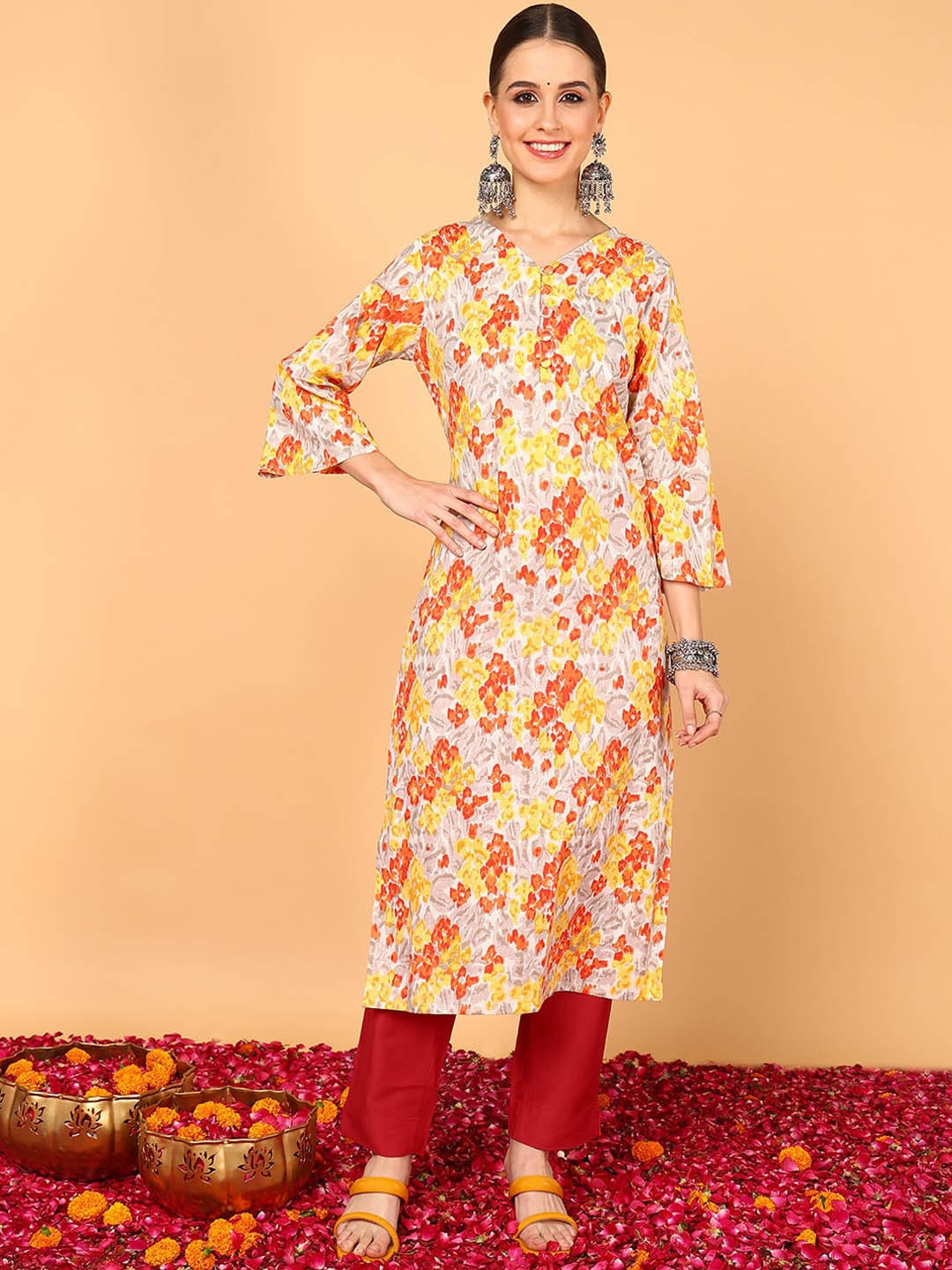 

AHIKA Floral Printed Straight Cotton Kurta, Grey