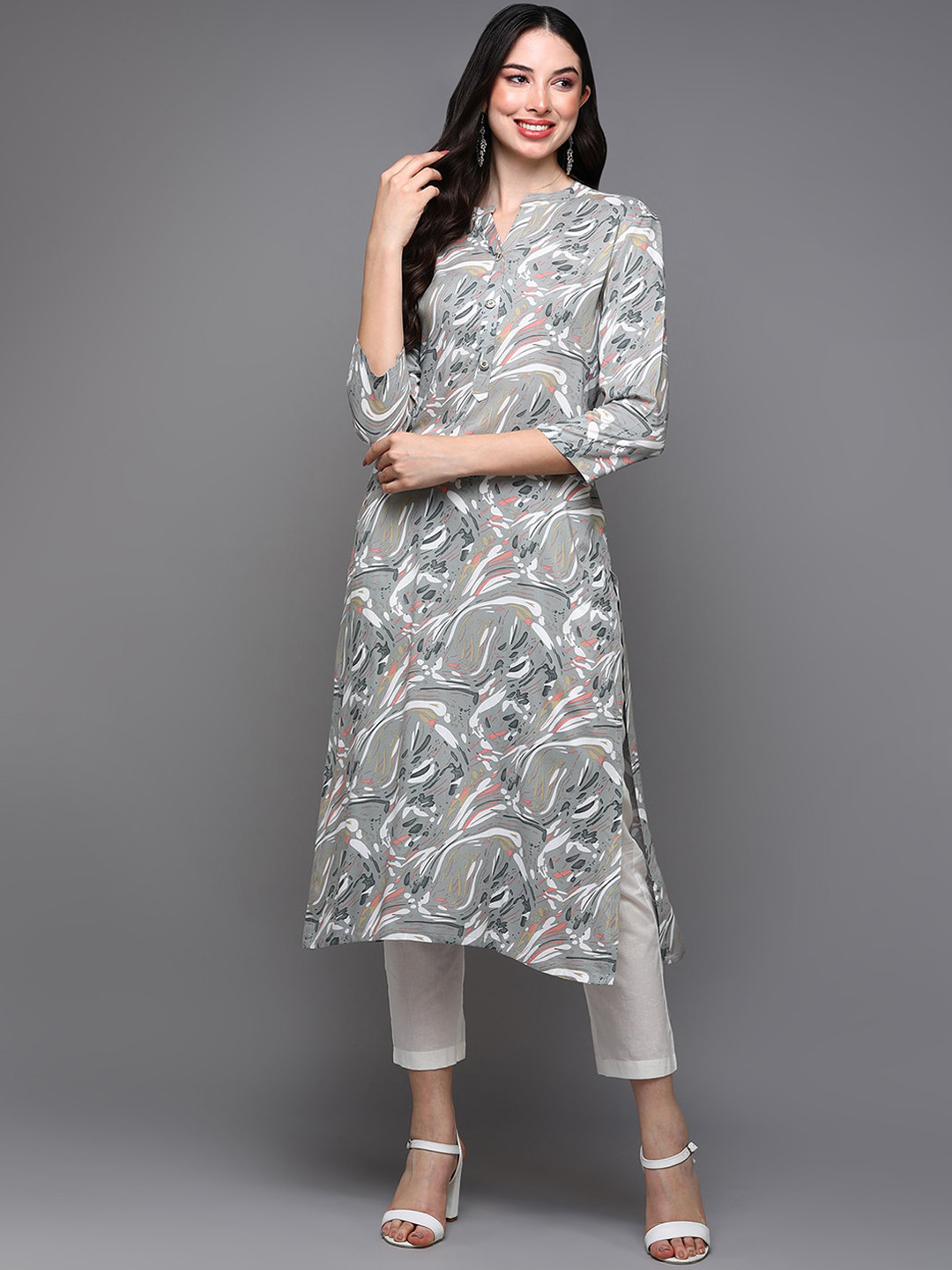 

AHIKA Abstract Printed Mandarin Collar Straight Kurta, Grey