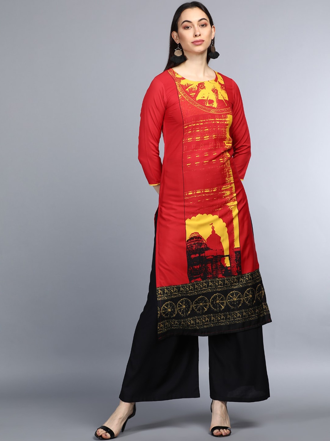 

AHIKA Printed Crepe Panelled Straight Kurta, Red