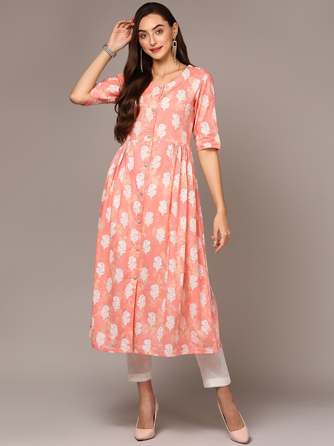 

AHIKA Ethnic Motifs Printed Cotton Empire A-Line Kurta, Peach