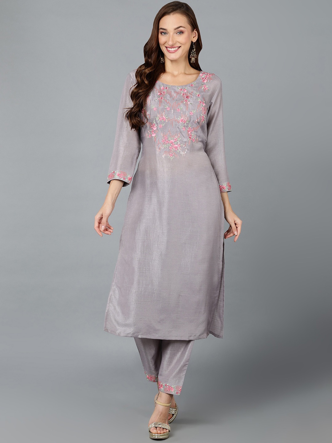 

AHIKA Floral Yoke Design Thread Work Straight Kurta, Grey
