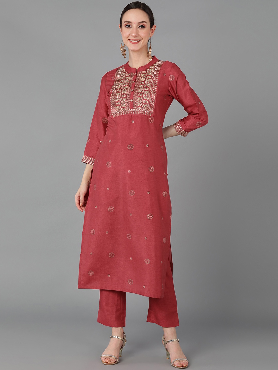 

AHIKA Ethnic Motifs Printed Thread Work Chanderi Silk Kurta, Maroon