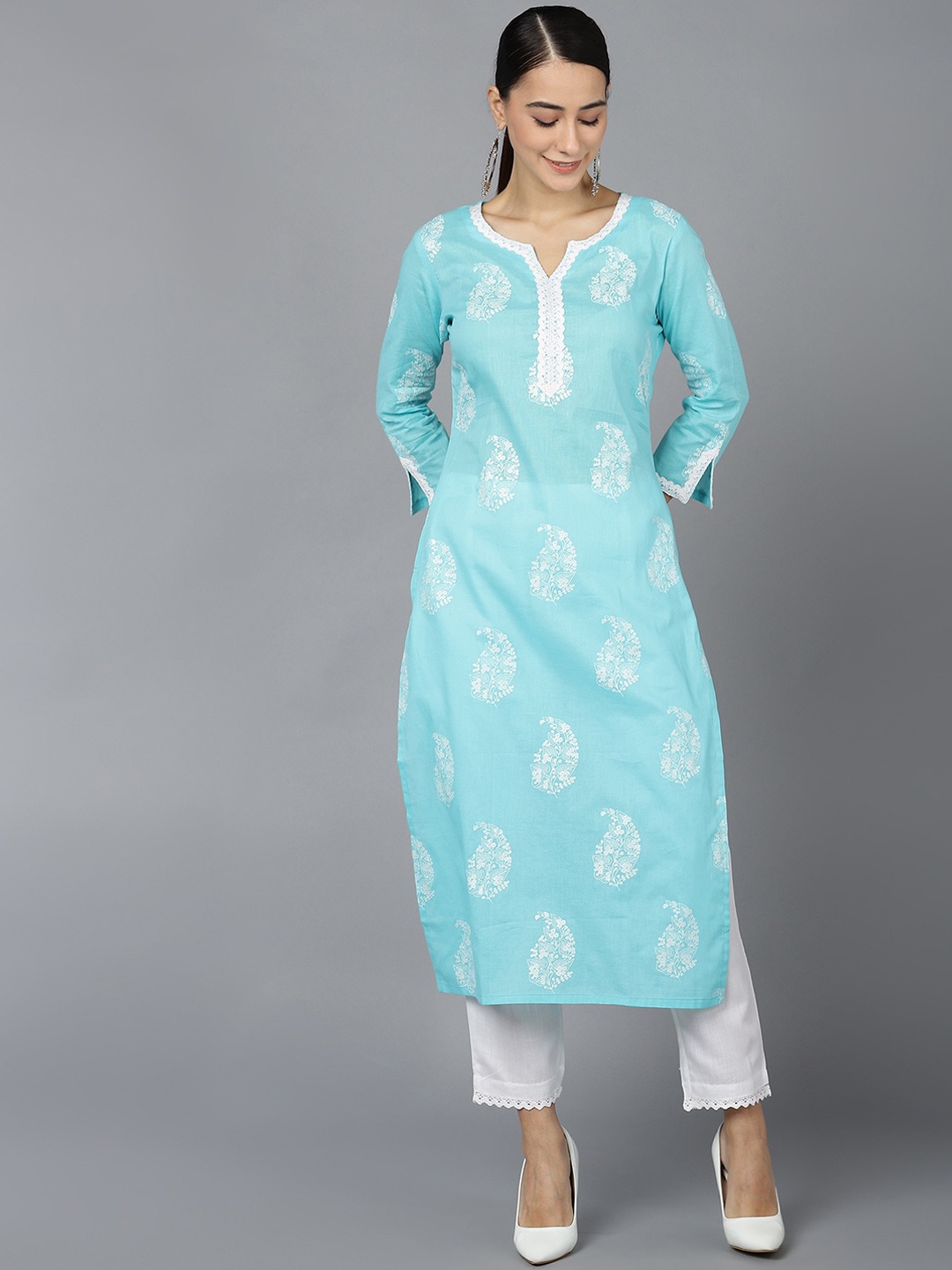 

AHIKA Paisley Printed Thread Work Cotton Straight Kurta, Turquoise blue