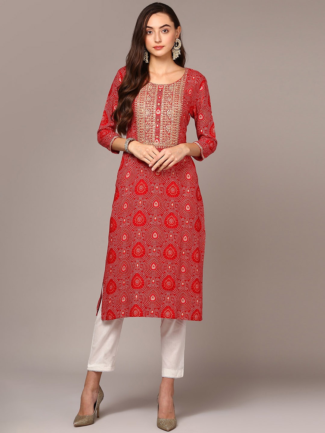 

AHIKA Bandhani Printed Sequinned Straight Kurta, Red