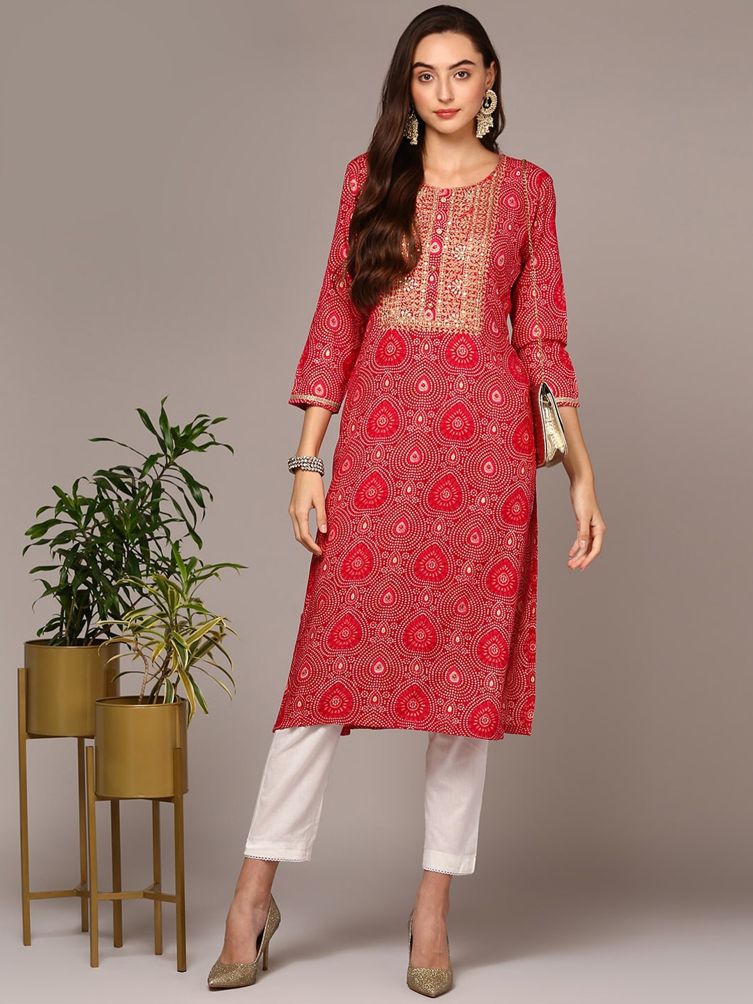 

AHIKA Bandhani Printed Sequinned Straight Kurta, Pink