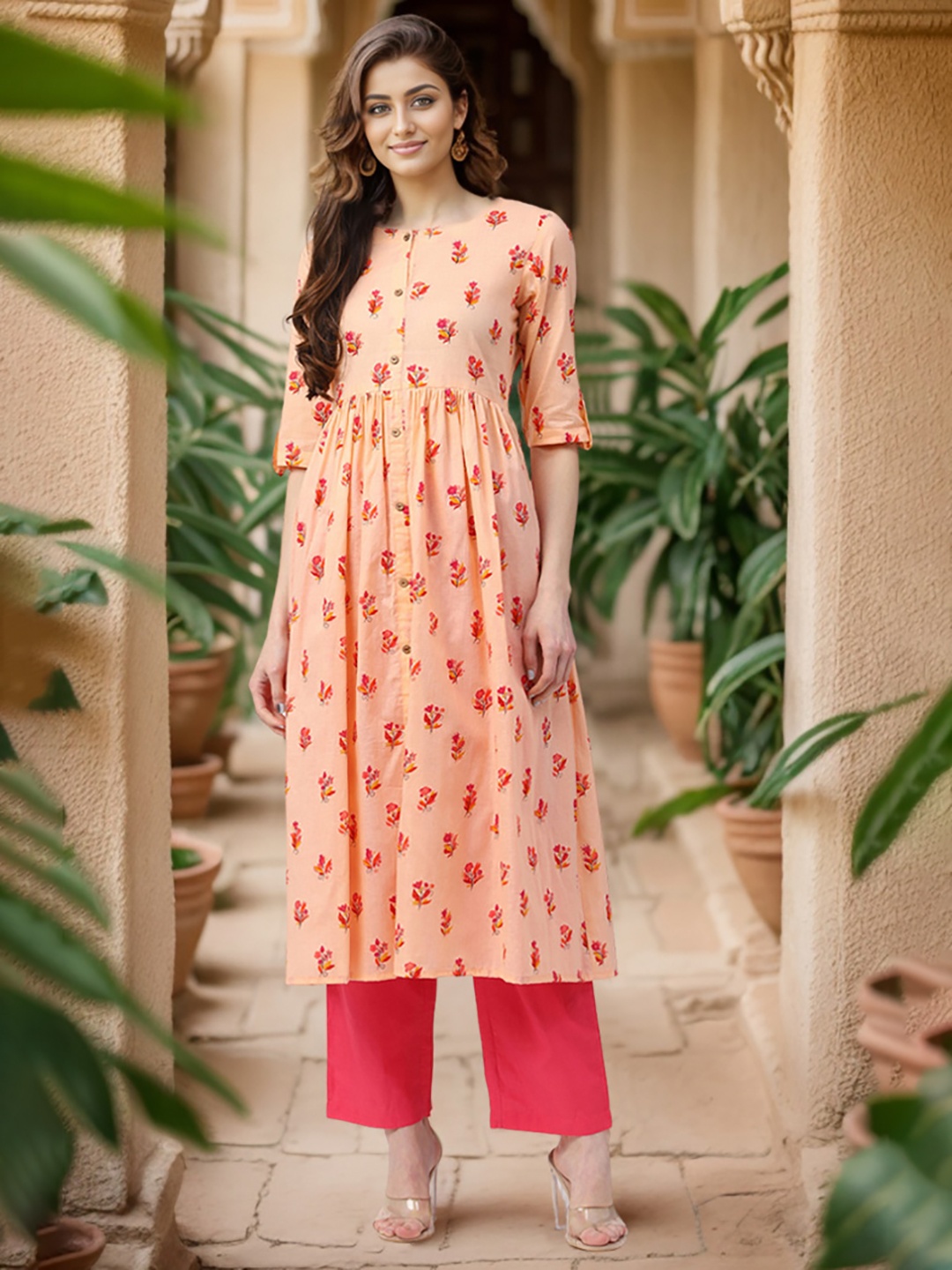 

AHIKA Ethnic Motifs Printed Mandarin Collar Cotton A-Line Kurta, Peach