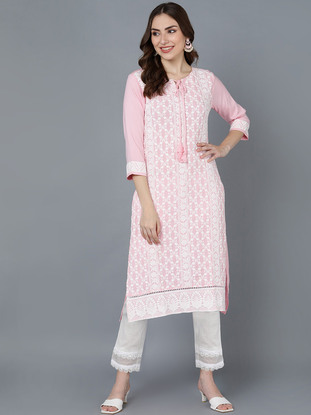

AHIKA Geometric Embroidered Thread Work Tie-Up Neck Straight Kurta, Pink