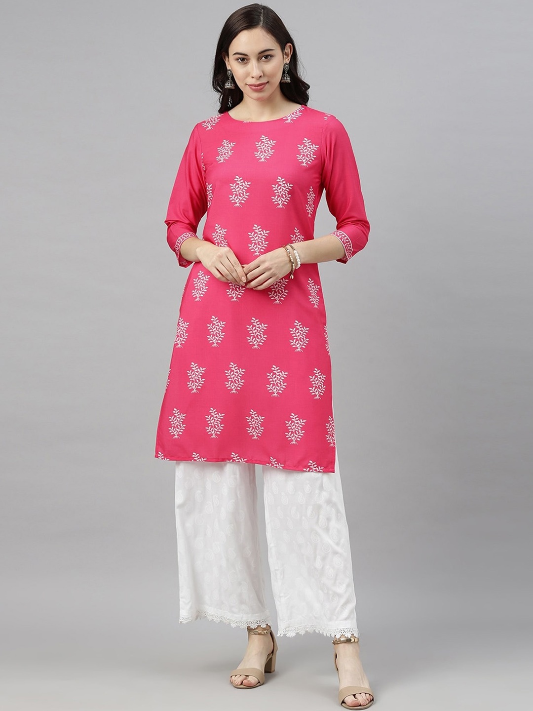 AHIKA Floral Printed Straight Kurta, Pink