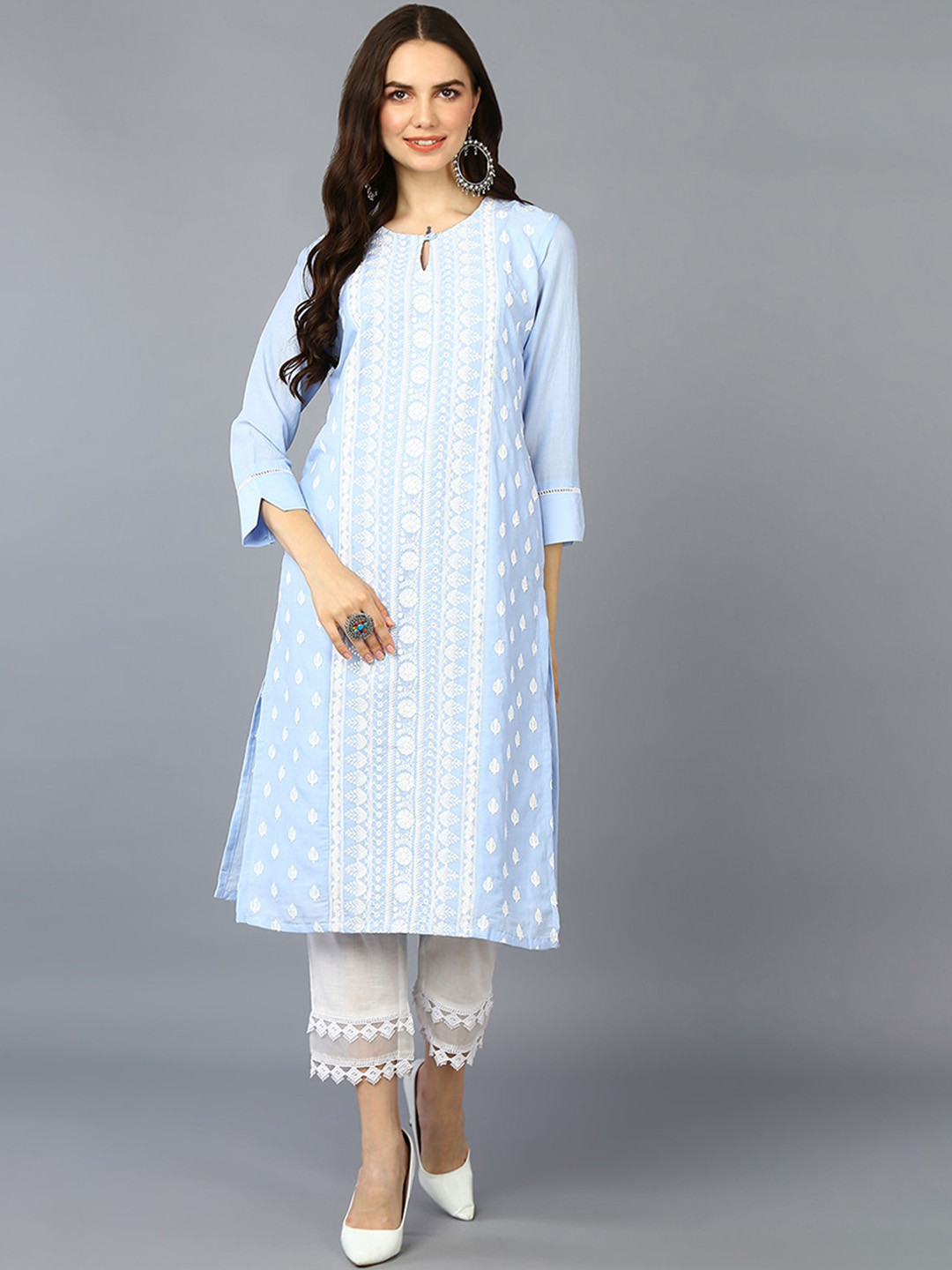 

AHIKA Ethnic Motifs Embroidered Keyhole Neck Thread Work Straight Kurta, Blue