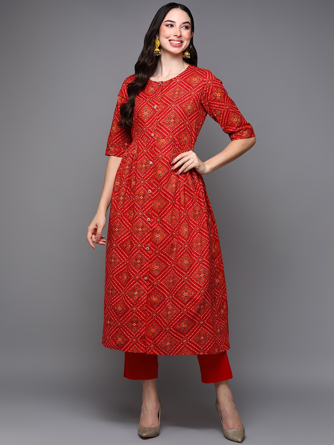 

AHIKA Bandhani Printed Cotton A-Line Kurta, Red