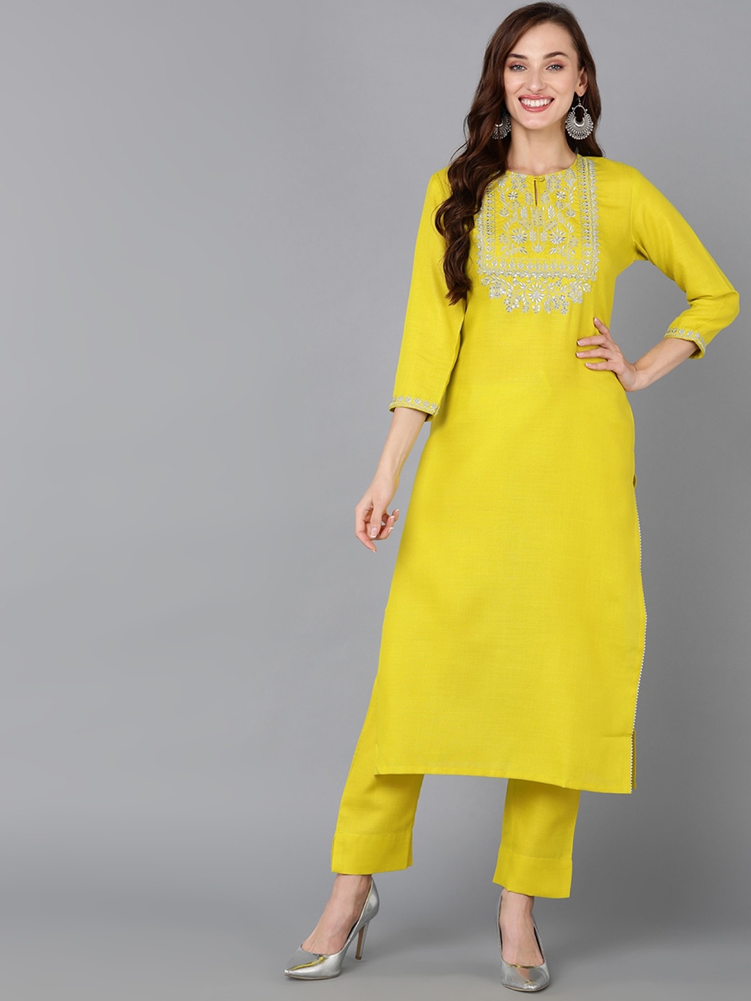 

AHIKA Floral Embroidered Keyhole Neck Kurta, Yellow