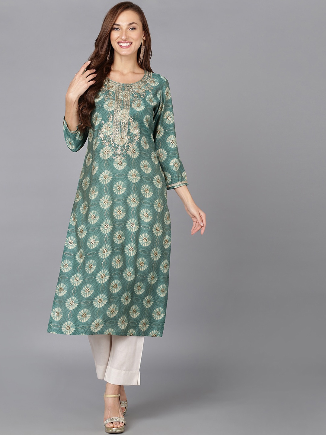 

AHIKA Women Ethnic Motifs Yoke Design Flared Sleeves Kurta, Green