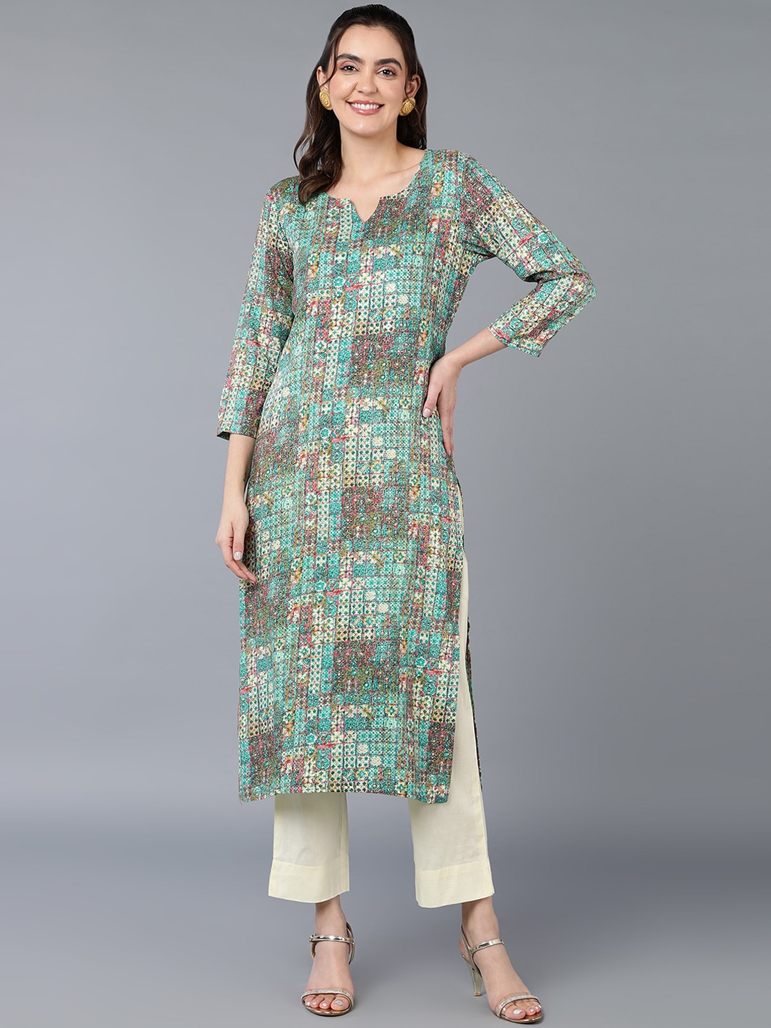 

AHIKA Geometric Printed Straight Kurta, Turquoise blue