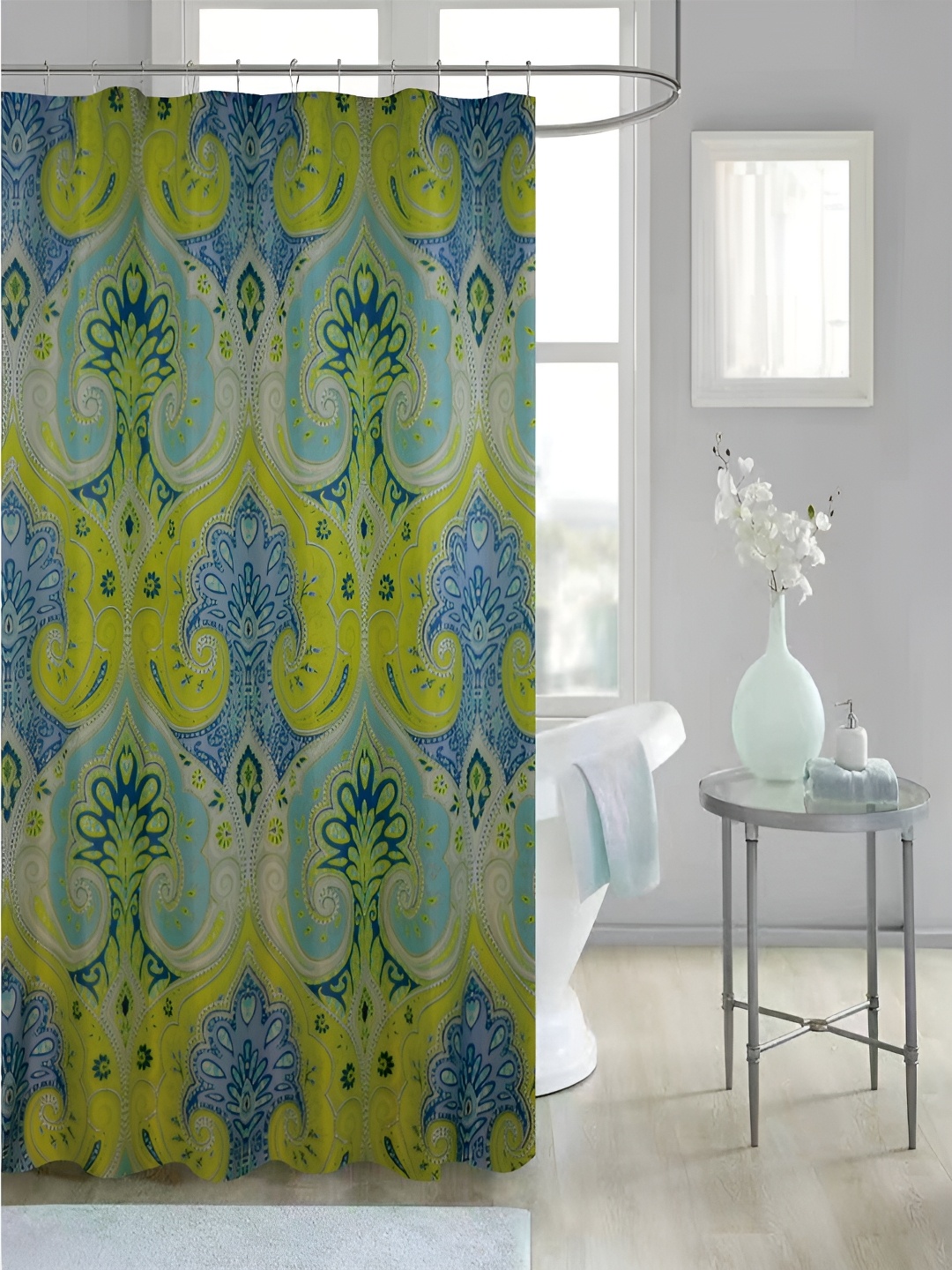 

homewards Green & Blue Printed Water Resistant Shower Curtains, Yellow