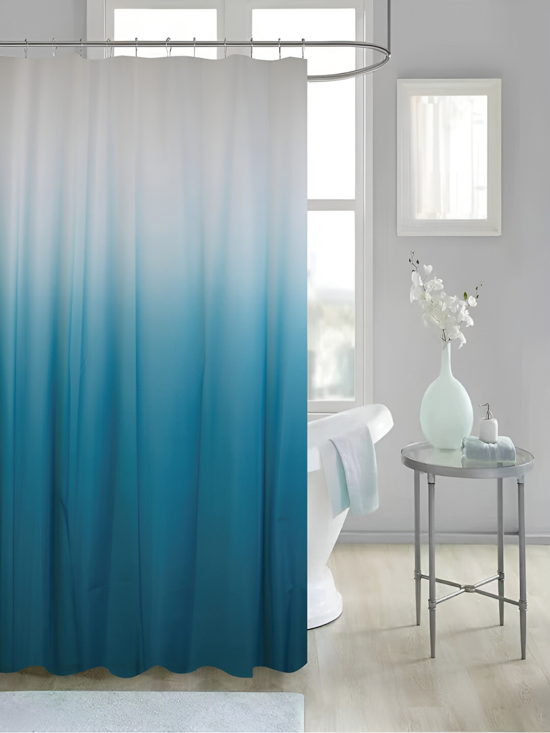 

homewards White & Blue 13 Pieces Colourblocked Waterproof Shower Curtains With Hooks