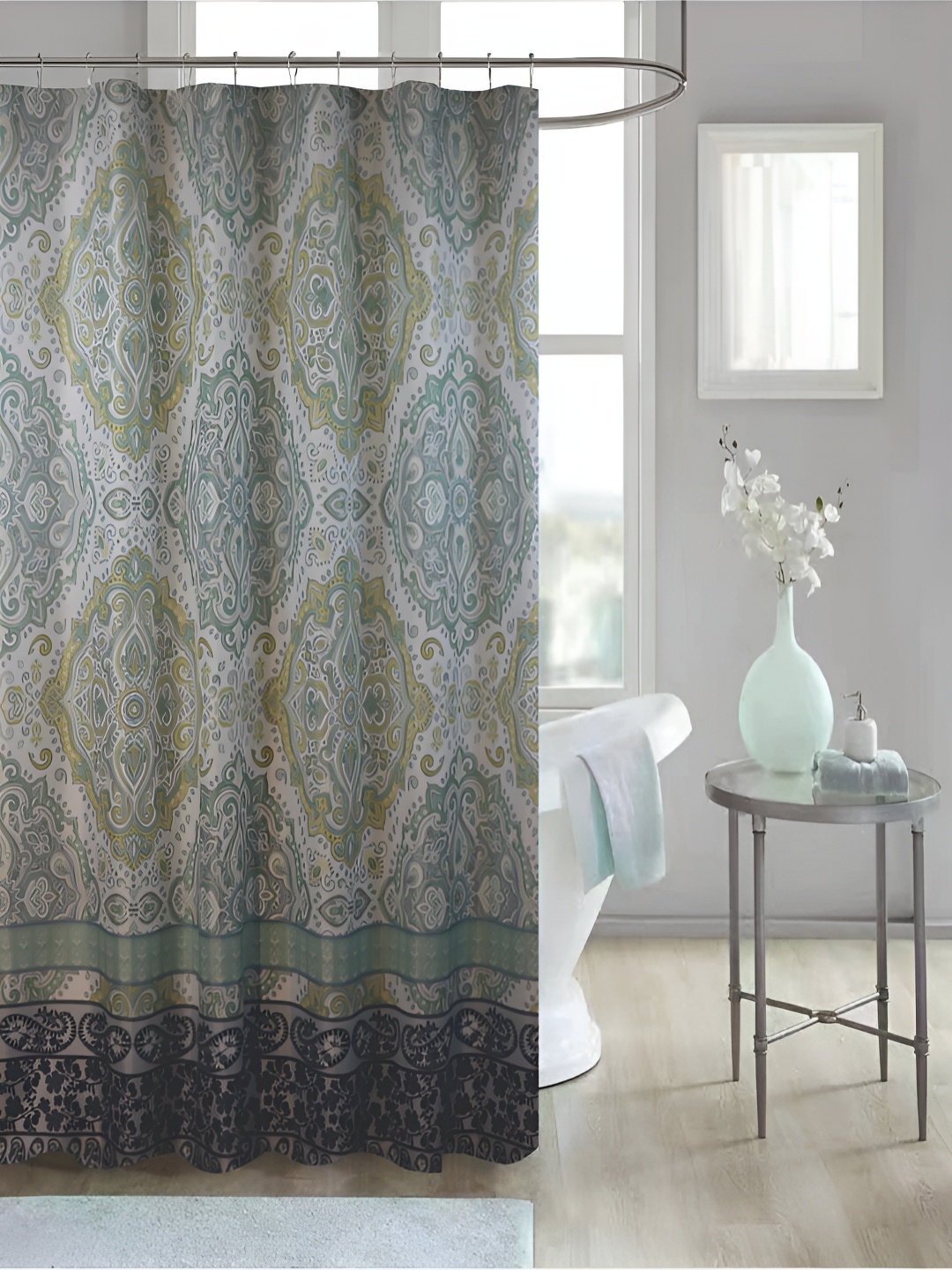 

homewards Green & White 13 Pieces Printed Waterproof Shower Curtains With Hooks