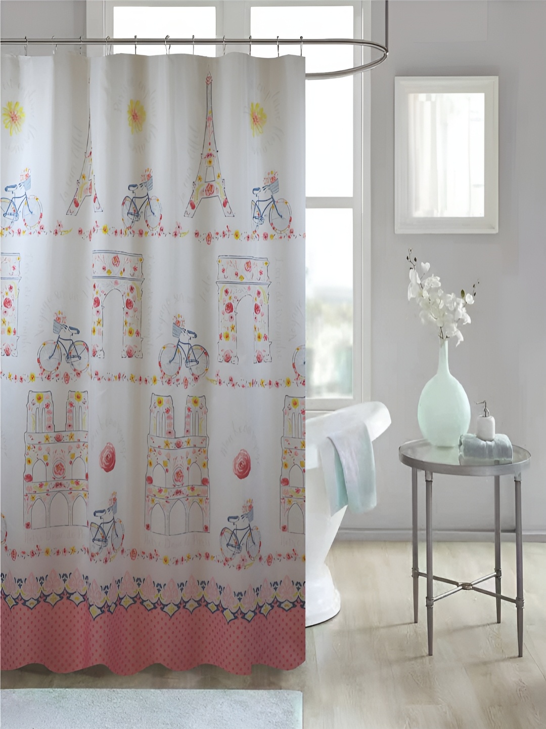 

homewards White & Pink 13 Pieces Printed Waterproof Shower Curtains With Hooks