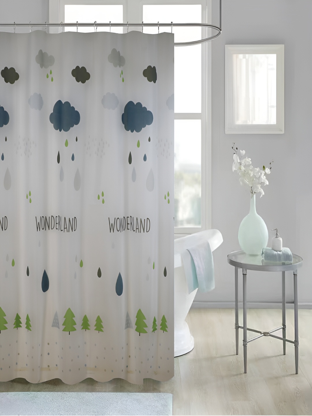 

homewards Blue & White 13 Pieces Printed Waterproof Shower Curtains With Hooks